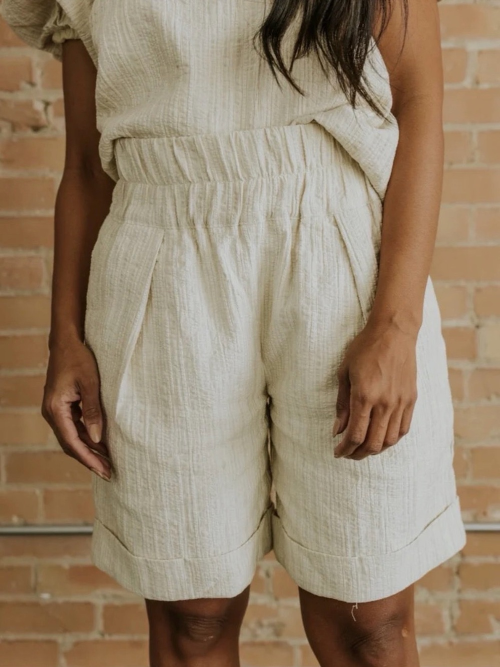 Salt Donatella High Waisted Linen Blend Textured Bermuda Shorts Beige Elevated